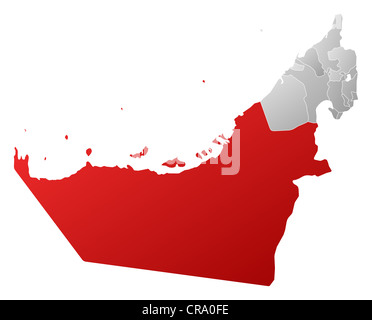 Politische Karte von den Vereinigten Arabischen Emiraten mit den verschiedenen Emiraten Abu Dhabi wo markiert ist. Stockfoto