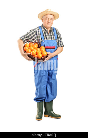 In voller Länge Portrait eines männlichen Bauern halten einen Korb voller Orangen isoliert auf weißem Hintergrund Stockfoto