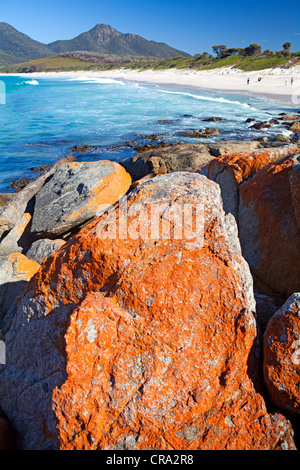 Blick auf die Wineglass Bay mit Mt Graham und Mt Freycinet jenseits Stockfoto