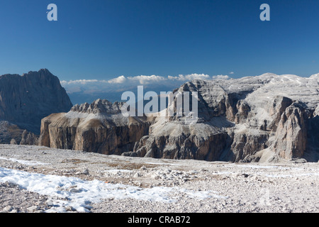 Blick vom Sass Pordoi Berg, 2925 m, Sellagruppe, Sella Ronda Skizirkus, Dolomiten, Italien, Europa Stockfoto