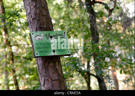 Zeichen im Wald Information der Wanderer auf dem Pfad zu bleiben und Hunde an der Leine halten, Münster, Nordrhein - Westfalen, publicground Stockfoto