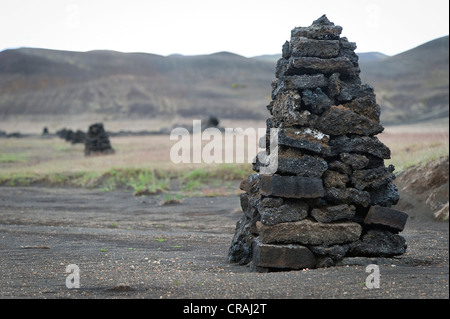 Varða oder Varda, sogenannte Wächter, alte Stein Stapel oder Cairn zur Orientierung, in der Nähe von Myvatn, Nord-Island, Europa Stockfoto