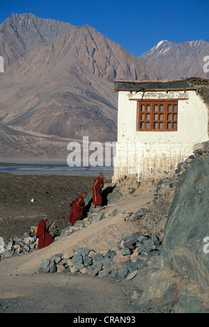 Mönche, Kloster Diskit, Deskit Gompa, Hunder, Nubra Valley, Ladakh, indischen Himalaya, Jammu und Kaschmir, Nordindien, Indien Stockfoto