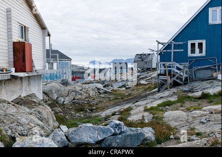 Inuit-Siedlung von Tiniteqilaaq, Sermilik Fjord, Ostgrönland, Grönland Stockfoto