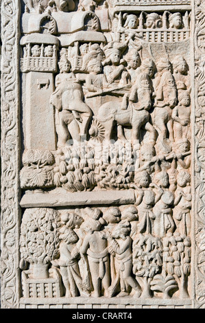 Relief aus dem Leben des Buddha, Stupas von Sanchi, UNESCO-Weltkulturerbe, gebaut von König Ashoka, der Mauryan Dynastie Stockfoto