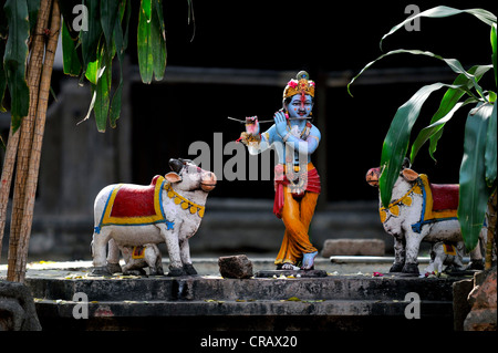 Hirten Gott Krishna sein Flötenspiel, Figuren, Ahilya Fort Ahilya nahe Indore, Madhya Pradesh, Indien, Asien Stockfoto