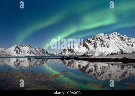 Nordlicht, Aurora Borealis, von Lyngværstranda auf der Insel Austvågøya mit Blick auf Gimsøystraumen Fjord gesehen Stockfoto