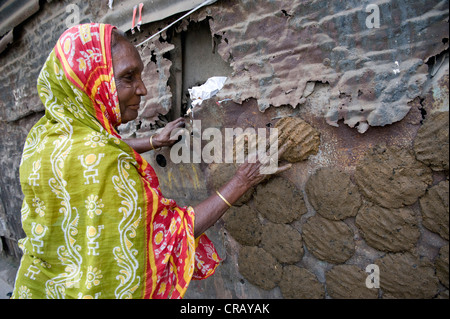 Frau drücken Kuhdung zum Trocknen an der Wand eines Hauses Shibpur Bezirk, Howrah, Kalkutta, Westbengalen, Indien, Asien Stockfoto