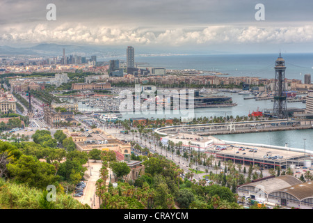 Blick auf Barcelona und das World Trade Center, Turm Torre Jaume I, Barcelona, Katalonien, Spanien, Europa, PublicGround Stockfoto