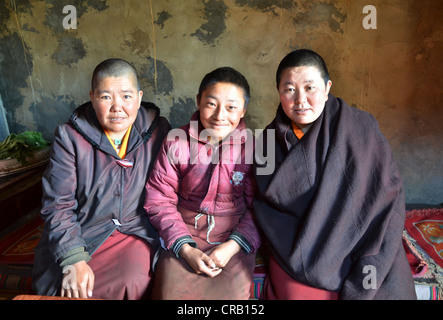 Drei tibetische Nonnen sitzen in der Küche des Klosters in den Bergen von Reting Kloster, Mount Gangi Rarwa, Himalaya Stockfoto