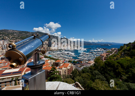Teleskop mit Blick auf den Hafen von Monaco, Port Hercule, Monte Carlo, Fürstentum Monaco, Côte d ' Azur, Mittelmeer Stockfoto