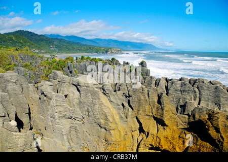 Felsformationen der Pancake Rocks, Punakaiki, Paparoa-Nationalpark, Südinsel, Neuseeland Stockfoto