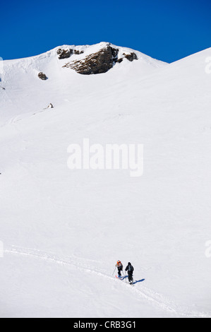 Skifahrer aufsteigend mit Tour-Ski, Ski-Tour-Route in das Tauerntal, auf dem Weg zur Hagener Hütte in der Nähe von Mallnitz Stockfoto