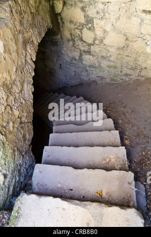 Treppe in den Keller des Schlosses Burg Hohenurach, Bad Urach, Schwäbische Alb, Landkreis Reutlingen, Baden-Württemberg Stockfoto
