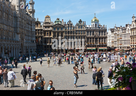 Menschen und Gilden-Hallen am Grote Markt Platz, Grand Place, UNESCO-Weltkulturerbe, Brüssel, Belgien, Benelux, Europa Stockfoto