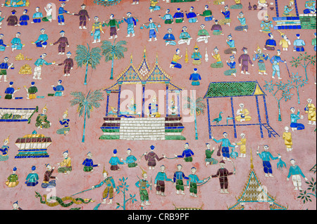 Glas-Mosaik in der Bibliothek, Ho Phra Mane, Wat Xieng Thong Tempel, Luang Prabang, Laos, Indochina, Asien Stockfoto