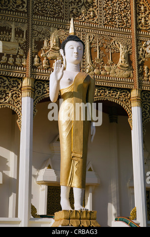 Buddha-Statue vor Wat, dass Luang Neua Tempel, Vientiane, Laos, Indochina, Asien Stockfoto