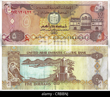 Banknote, vorne und hinten, Zentralbank der Vereinigten Arabischen Emirate, 5 Dirham, die Währung der Vereinigten Arabischen Emirate Stockfoto