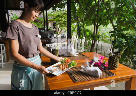 Kellnerin serviert thailändische Essen, The Seven Seas Resort, Ko Kradan Island, Trang, Thailand, Südostasien, Asien Stockfoto