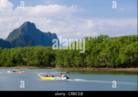 Ausflugsschiff auf einem Fluss, vorbei an Mangroven und Kalksteinfelsen, Phang Nga, Thailand, Südostasien Stockfoto