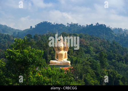 Sitzende Buddha-Statue in den Bergen von Wat Bang Riang Tempel gesehen Thub Pat, Phang Nga, Thailand, Südostasien Stockfoto