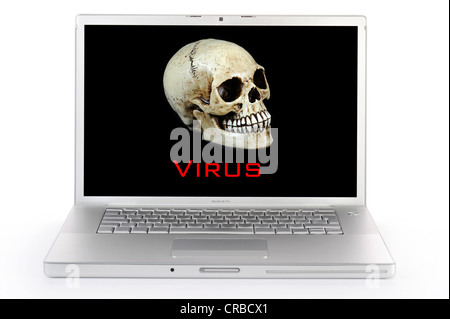 Laptop-Computer, Schädel, Schriftzug "Virus", symbolisches Bild für Viruswarnung Stockfoto