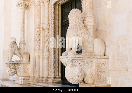 Löwen-Skulpturen auf dem romanischen Portal der Kathedrale von Sveti Jakov, Kathedrale des Hl. Jakob, Domplatz, Sibenik Stockfoto