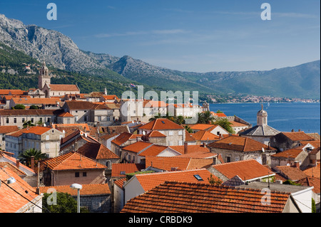 Blick über die Dächer der Stadt Korcula, Insel Korcula, Dalmatien, Kroatien, Europa Stockfoto