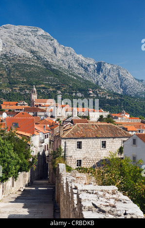 Blick über die Dächer der Stadt Korcula, Insel Korcula, Dalmatien, Kroatien, Europa Stockfoto