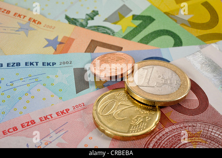 Fan von verschiedenen Euro-Banknoten und-Münzen Stockfoto