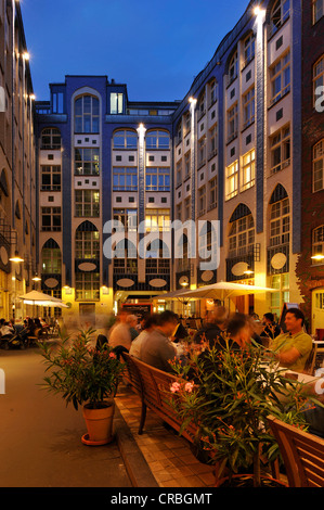 Nachtansicht, Nachtleben in Berlin, Hackesche Hoefe Innenhof mit Kino, Variete Chamäleon und Restaurants, Bezirk Mitte Stockfoto