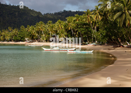 Typischen Auslegerboote auf dem sandigen Strand Port Barton, Palawan Island, Philippinen, Asien Stockfoto