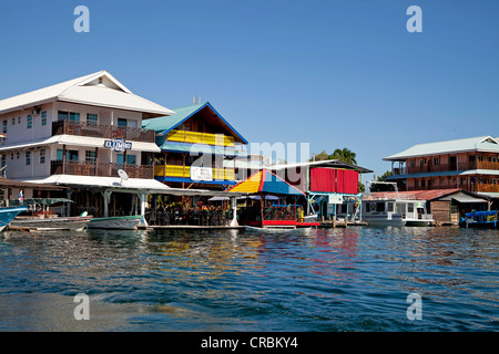 Typische hölzerne Häuser auf Stelzen in Bocas del Toro, Hauptort des Bocas del Toro karibischen Archipels, Panama, Mittelamerika Stockfoto