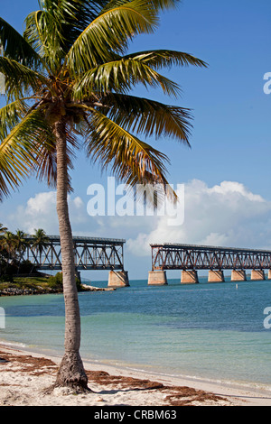 Alte Eisenbahn Brücke und sandigen Strand in Bahia Honda State Park, Florida Keys, Florida, USA Stockfoto