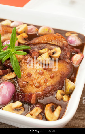 Französische Klassiker, Coq Au Vin oder Huhn in Rotwein mit Pilzen, Zwiebeln und Speck. Perfekt für Sonntagmittag mit Kartoffelpüree. Stockfoto