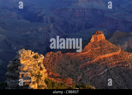 Ansicht von O'Neill Butte von Yaki Point im ersten Morgenlicht, South Kaibab Trail und Bright Angel Canyon Trail Stockfoto