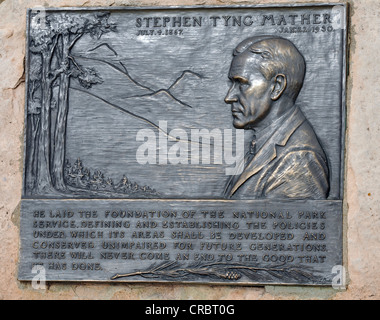 Gedenktafel für Stephen Tyng Mather, Mather Memorial, Mather Point Lookout, Arizona, Grand Canyon National Park, South Rim Stockfoto