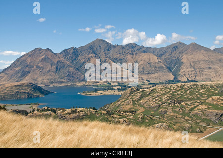 Blick nach Osten über Glendhu Bay in Richtung Roys Peak und Mount Alpha am südlichen Ende des Lake Wanaka, Neuseeland Stockfoto