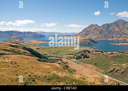 Blick nach Osten über Glendhu Bay in Richtung Roys Peak und Mount Alpha am südlichen Ende des Lake Wanaka, Neuseeland Stockfoto