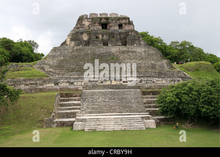 Nordseite des "El Castillo" Xunantunich, Cayo in San Jose, San Ignacio, Cayo, West Belize, Mittelamerika Stockfoto