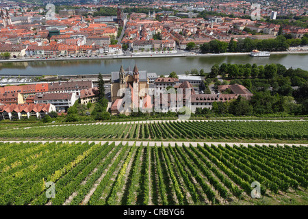 Blick von der Festung Marienberg, Festung Marienberg, auf die Kirche St. Burkard und dem Main, Würzburg, Unterfranken Stockfoto