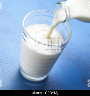 Gießen Milch aus der Flasche zu einem gerippten Glas auf einen blauen strukturierten Hintergrund Stockfoto