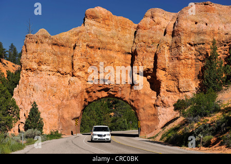 Felsbogen in einer roten Felsformation, Straßentunnel, Red Canyon, Utah, USA Stockfoto