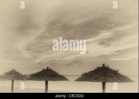 Reed Umbellas am Strand bei Sonnenuntergang im Grace Bay. Providenciales. Turks- und Caicosinseln. Stockfoto