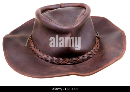 alte Leder Braun Cowboy-Hut, isoliert auf weiss Stockfoto