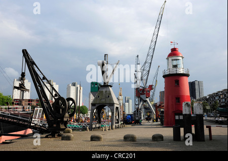 Roten Leuchtturm und Kräne im Hafen Leuvehaven, Teil des Maritime Museum, Central Rotterdam, Holland, Nederland Stockfoto