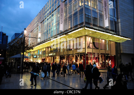 Shopping Mall mit Weihnachtsdekoration am Abend, Fußgänger auf der Zeil Straße, Frankfurt Am Main, Hessen Stockfoto