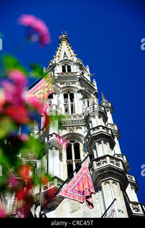 Rathaus hinter Blumen, mit einem gotischen Turm, Hotel de Ville am Grand Place oder Stadhuis am Grote Markt Platz Stockfoto