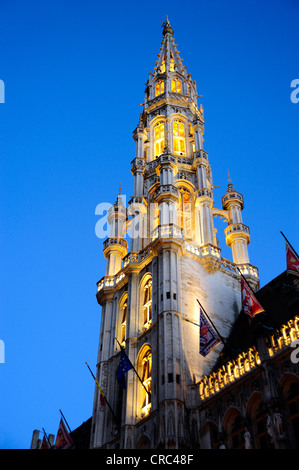 Rathaus mit Beleuchtung am Abend, Turm im gotischen Stil, Stadhuis am Grote Markt oder Hôtel de Ville am Grand Place Stockfoto