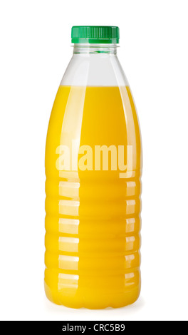 Kunststoff-Flasche Orangensaft isoliert auf weiss Stockfoto